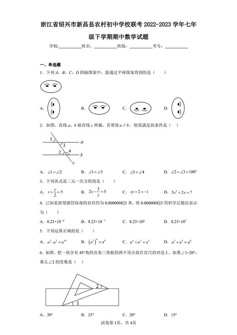 浙江省绍兴市新昌县农村初中学校联考2022-2023学年七年级下学期期中数学试题01