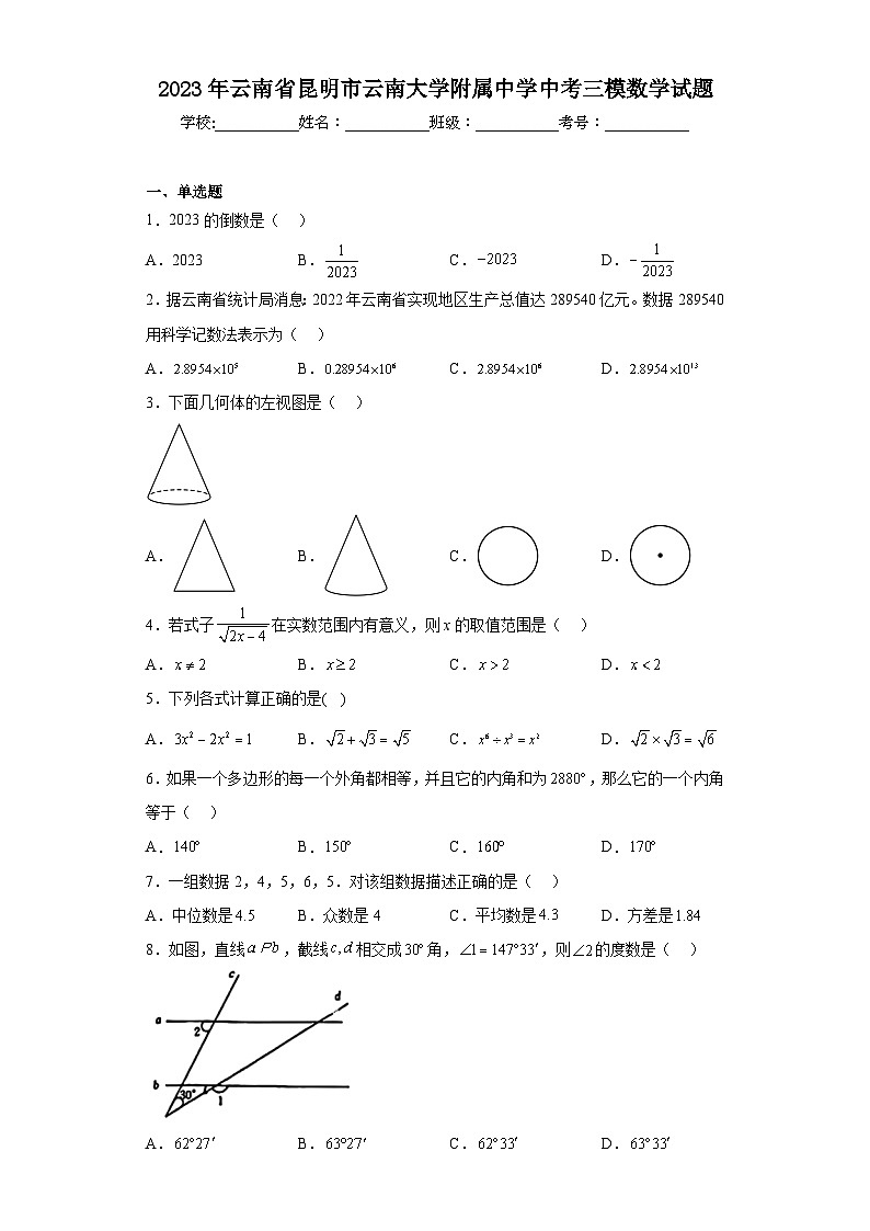 2023年云南省昆明市云南大学附属中学中考三模数学试题（含解析）01