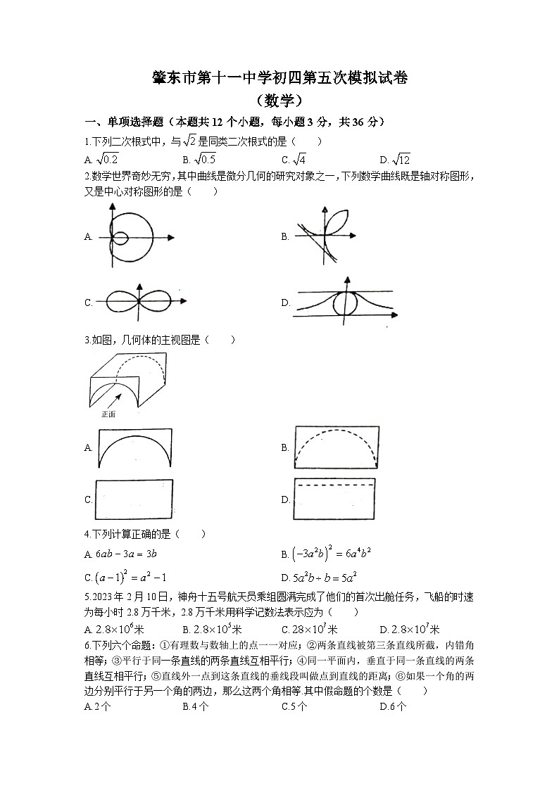 2023年黑龙江省肇东市第十一中学校中考五模数学试题(无答案)第1页