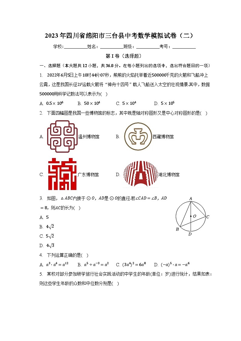 2023年四川省绵阳市三台县中考数学模拟试卷（二）（含解析）第1页