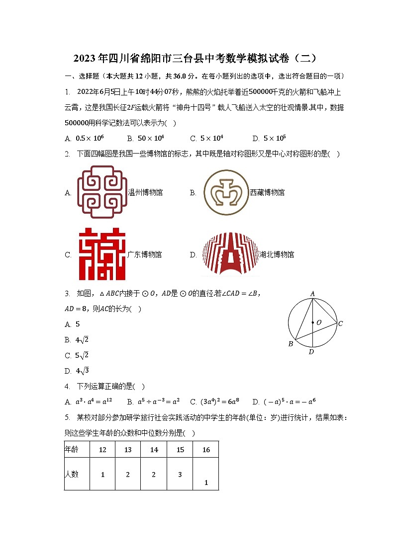 2023年四川省绵阳市三台县中考数学模拟试卷（二）(含答案)01