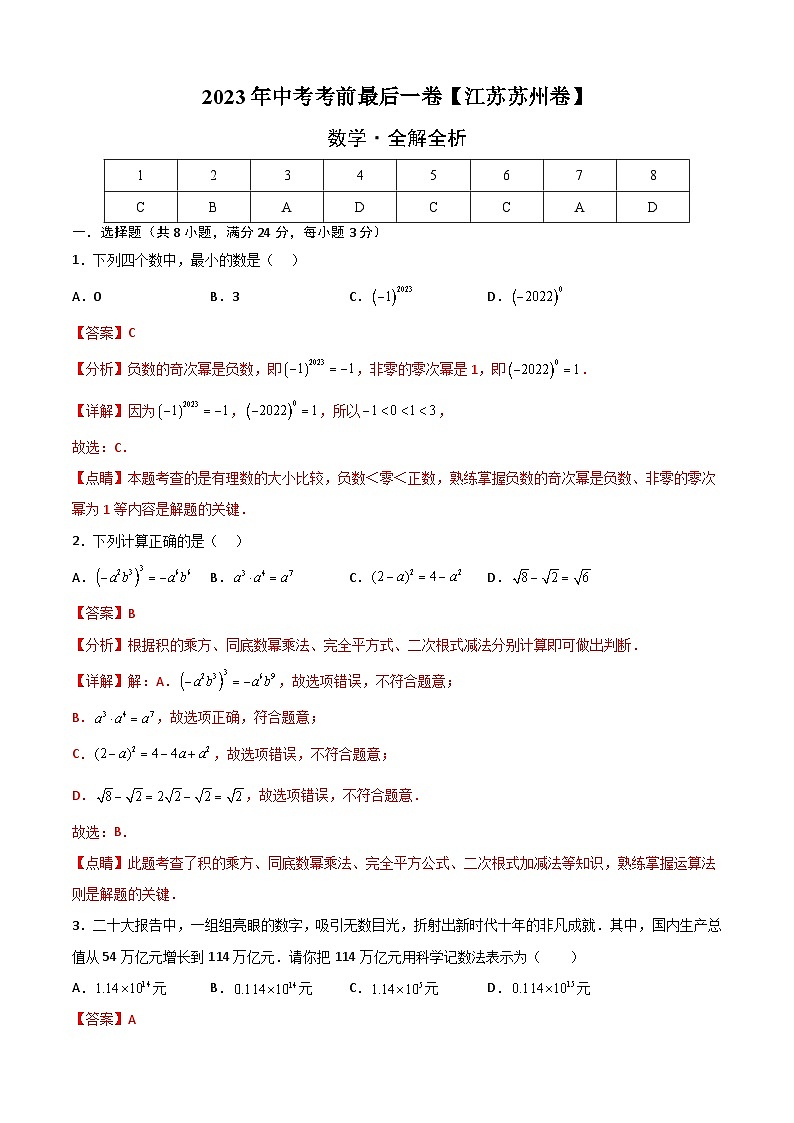 数学（江苏苏州卷）-【试题猜想】2023年中考考前最后一卷（考试版+答题卡+全解全析+参考答案）01
