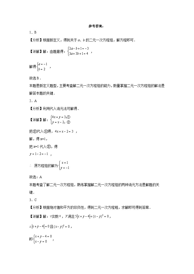 07用代入消元法解二元一次方程组-七年级数学下学期期末复习知识点专题练习（北京专用）第3页