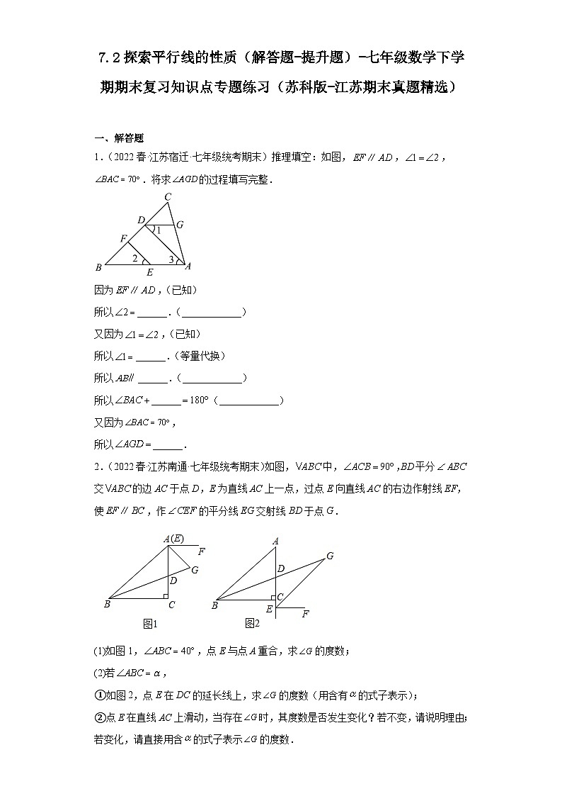 7.2探索平行线的性质（解答题-提升题）-七年级数学下学期期末复习知识点专题练习（苏科版-江苏期末真题精选）01