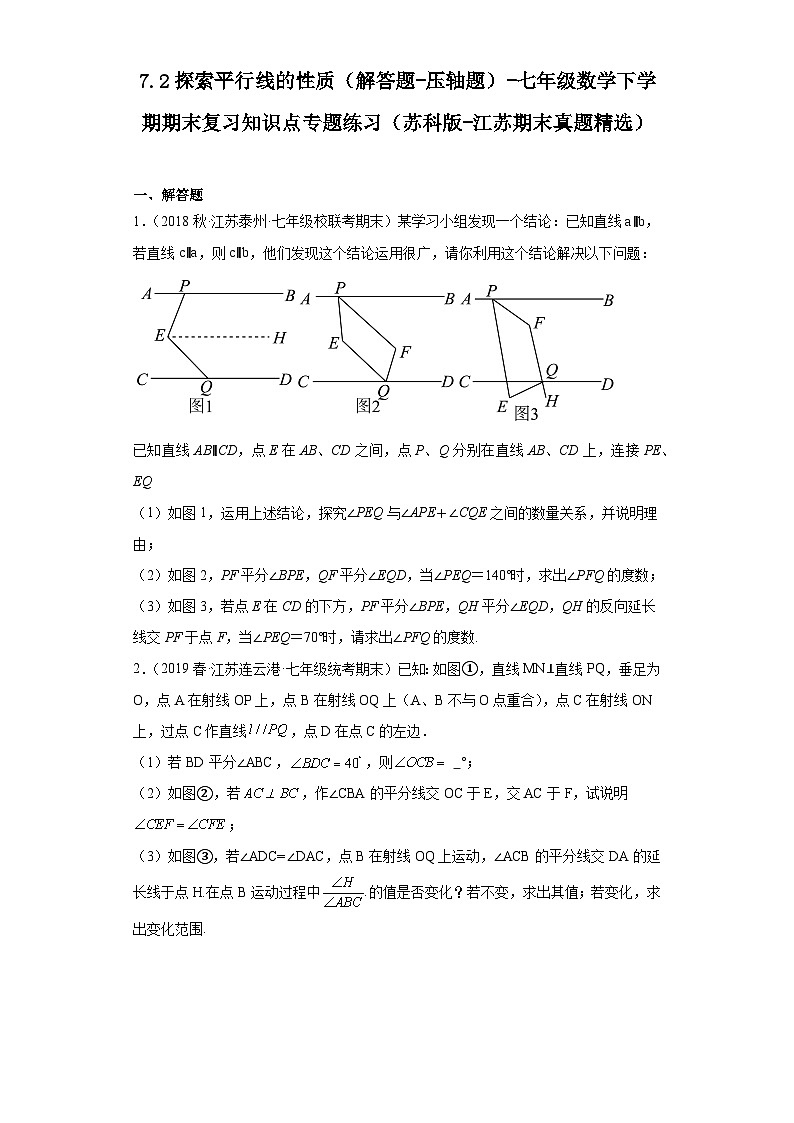 7.2探索平行线的性质（解答题-压轴题）-七年级数学下学期期末复习知识点专题练习（苏科版-江苏期末真题精选）01