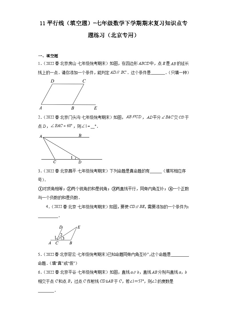 11平行线（填空题）-七年级数学下学期期末复习知识点专题练习（北京专用）第1页