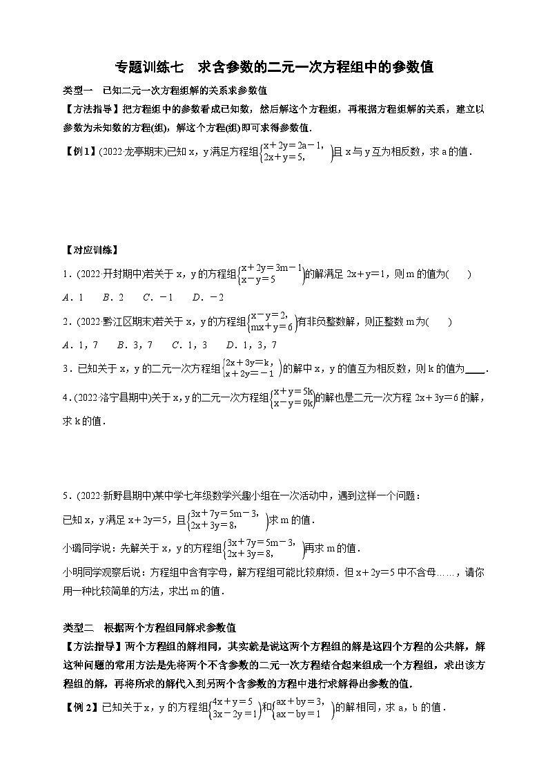 专题训练七　求含参数的二元一次方程组中的参数值01