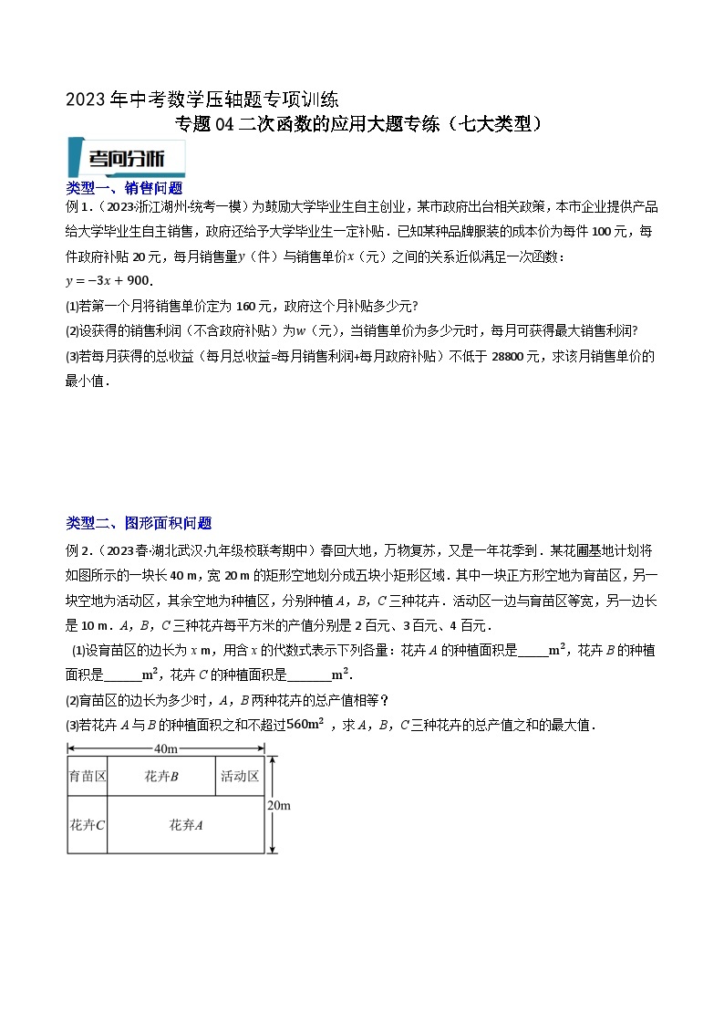 2023年中考数学压轴题专项训练 压轴题04二次函数的应用大题专练（试题+答案）01