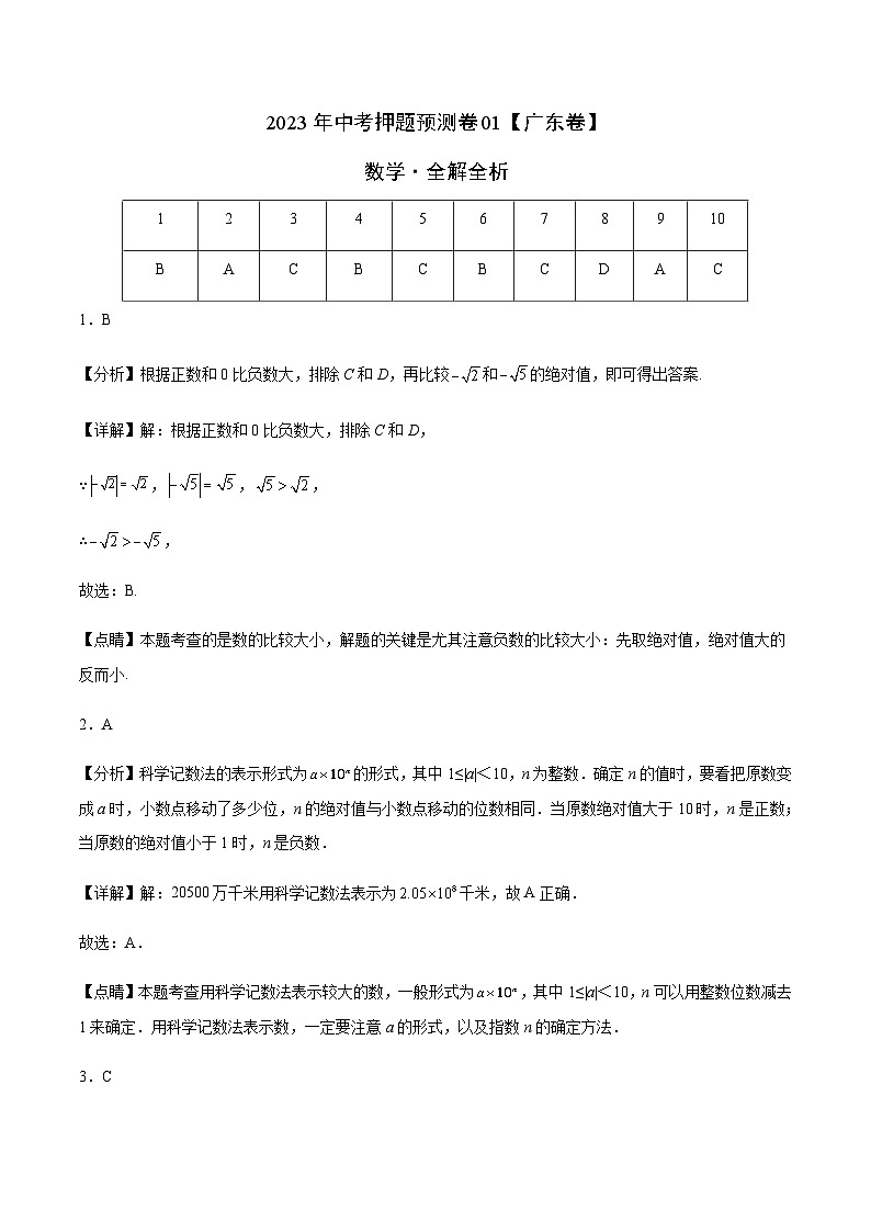 2023年中考押题预测卷01（广东卷）-数学（含考试版、全解全析、参考答案、答题卡）01