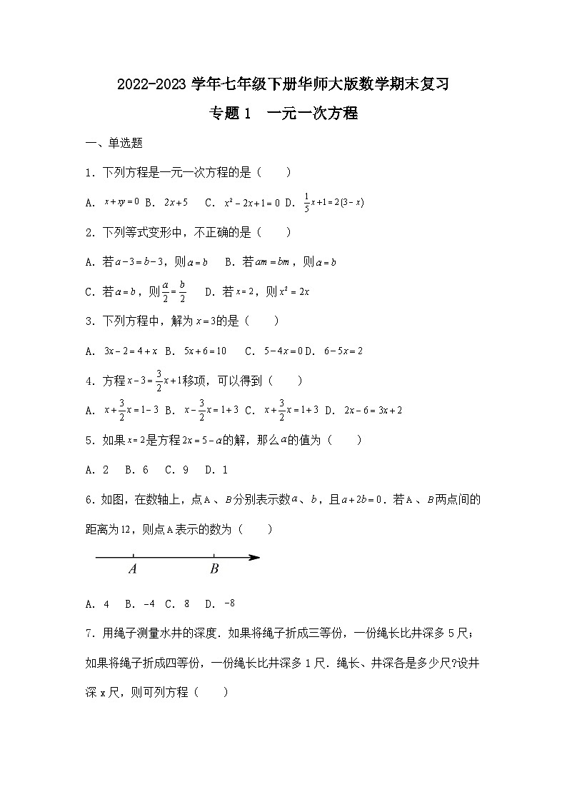 2022-2023学年七年级下册华师大版数学期末复习— 专题1  一元一次方程第1页