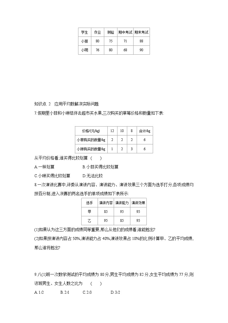 20.1.3 加权平均数 初中数学华东师大版八年级下册同步课时练习(含答案)02
