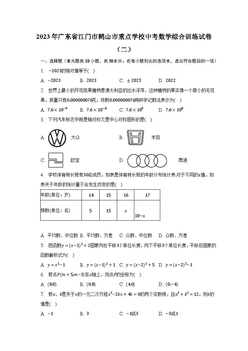 2023年广东省江门市鹤山市重点学校中考数学综合训练试卷（二）-普通用卷01