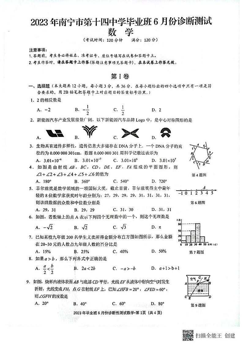 2023年广西南宁市第十四中学九年级6月中考数学模拟试卷第1页