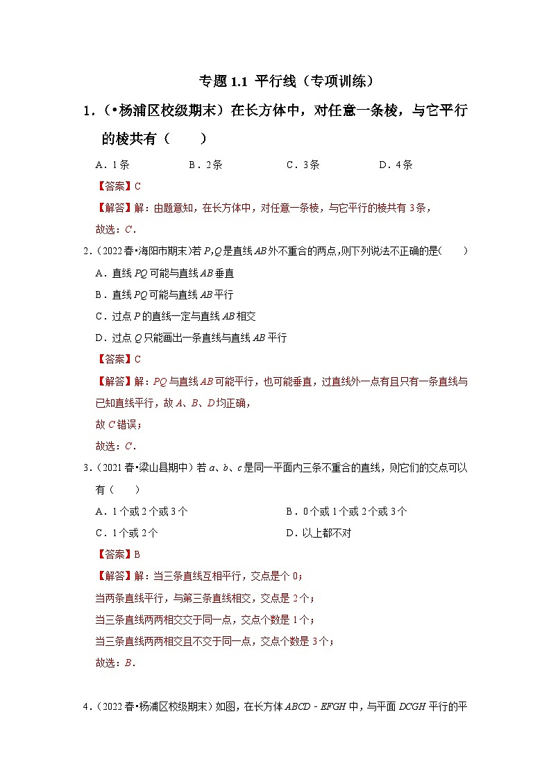 专题1.1 平行线（专项训练）-七年级数学下册《同步考点解读•专题训练》（浙教版）01