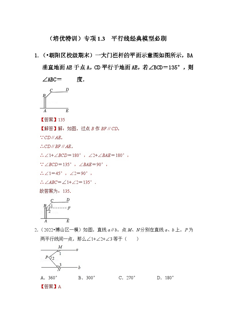 （培优特训）专项1.3 平行线经典模型必刷-七年级数学下册《同步考点解读•专题训练》（浙教版）（解析版）第1页