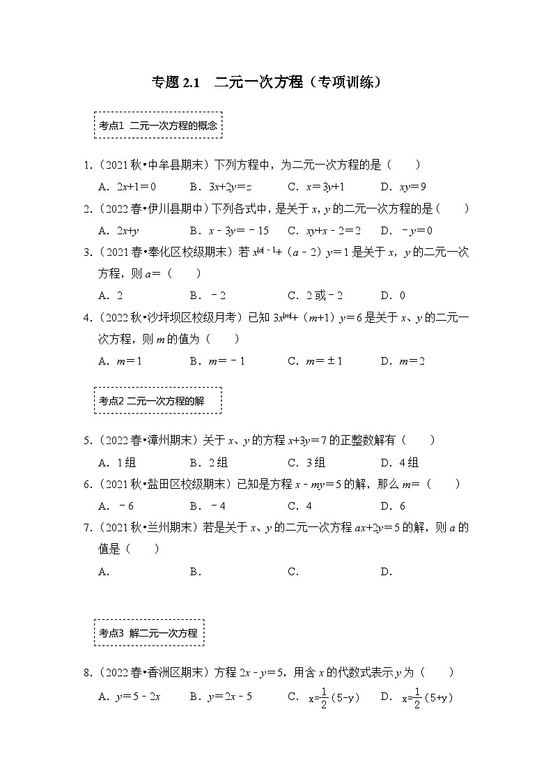 专题2.1 二元一次方程（专项训练）-七年级数学下册《同步考点解读•专题训练》（浙教版）01