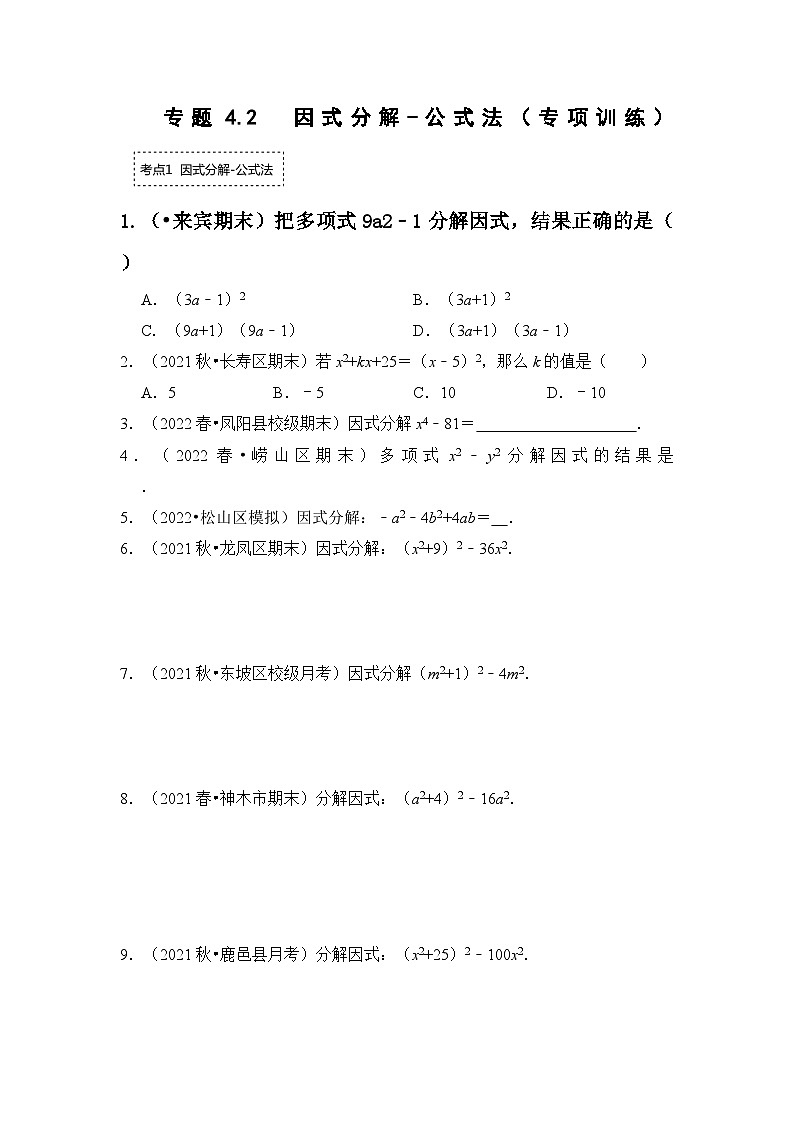 专题4.2  因式分解-公式法（专项训练）（原卷版）第1页