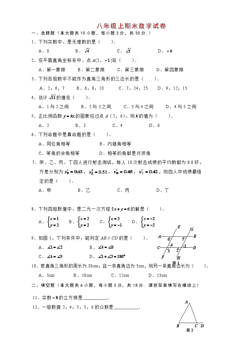 北师大八年级上数学期末试卷-6第1页