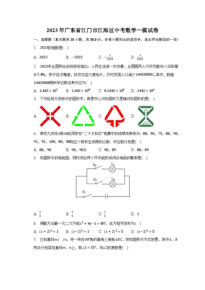 2023年广东省江门市江海区中考数学一模试卷（含解析）第1页