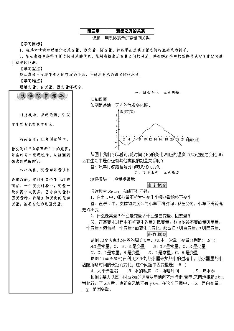 初中数学北师版七年级下册教案 第3章 变量之间的关系 01 课题 用表格表示的变量间关系第1页