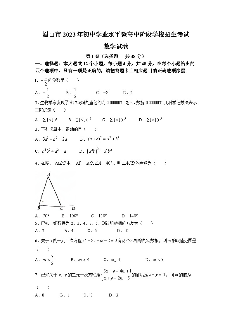 2023年四川省眉山市中考数学真题(无答案)01