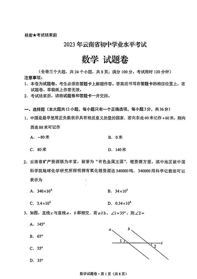 2023年云南省中考数学真题01