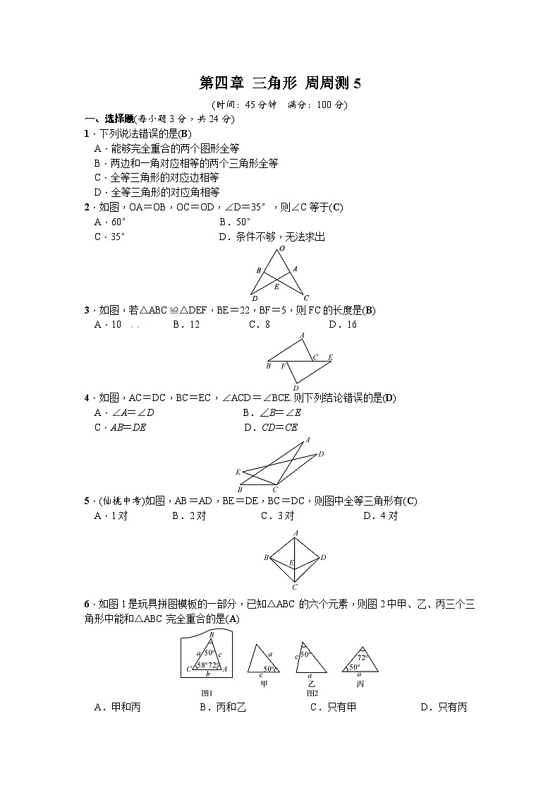 北师版初中数学七年级下册 第四章 三角形 周周测501