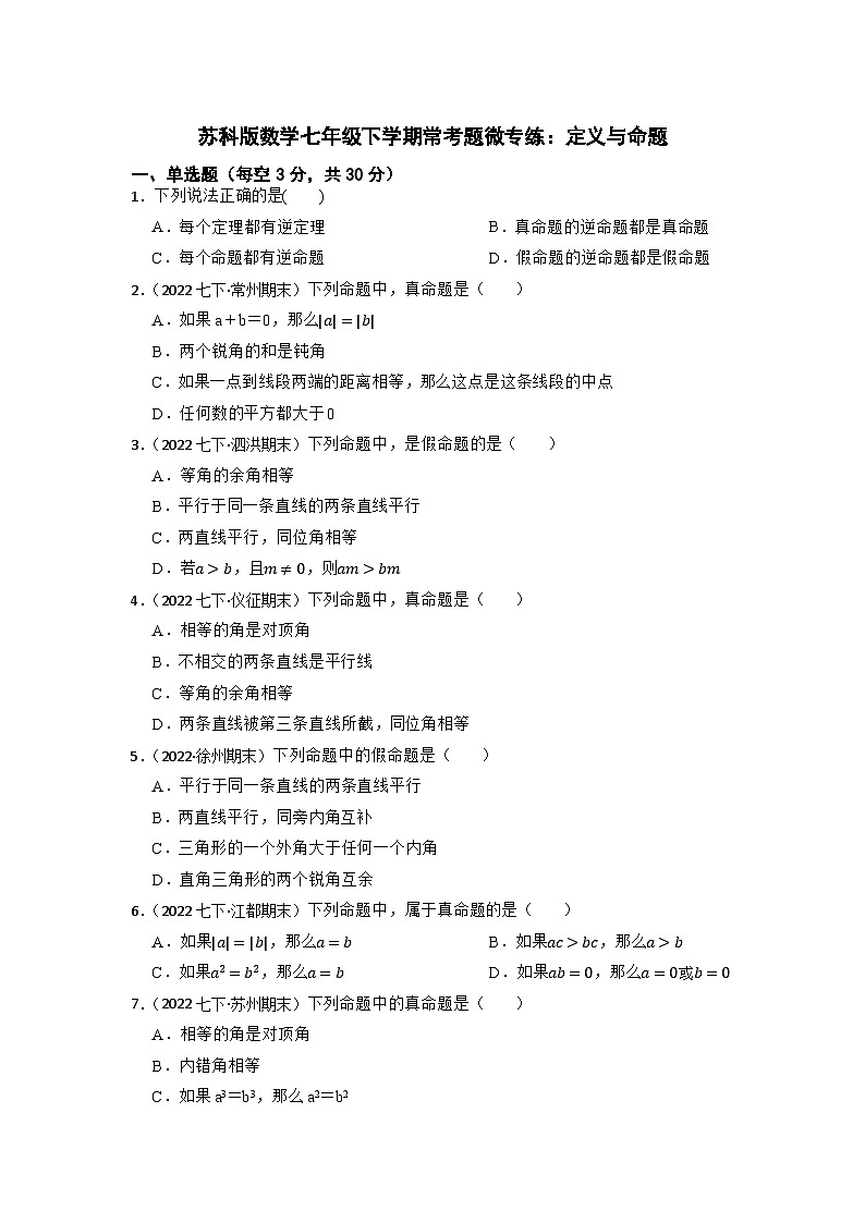 2022-2023学年苏科版数学七年级下学期期末复习微专练  定义与命题(含答案)01