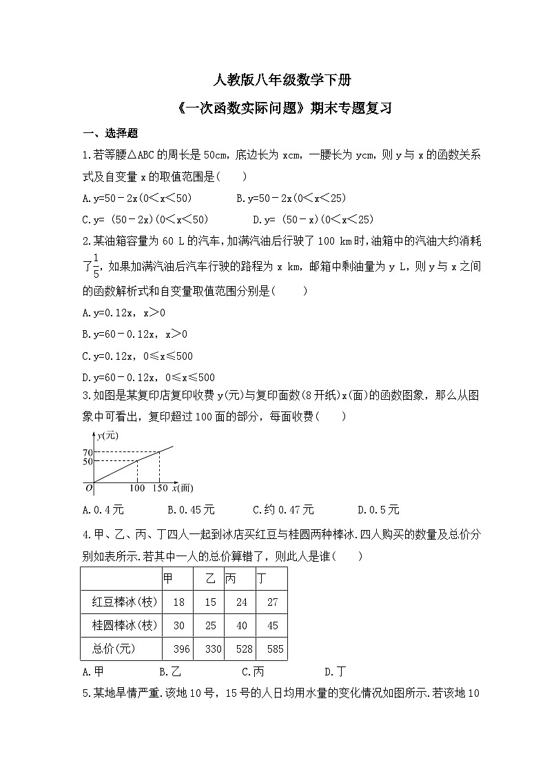 人教版八年级数学下册《一次函数实际问题》期末专题复习(含答案)01