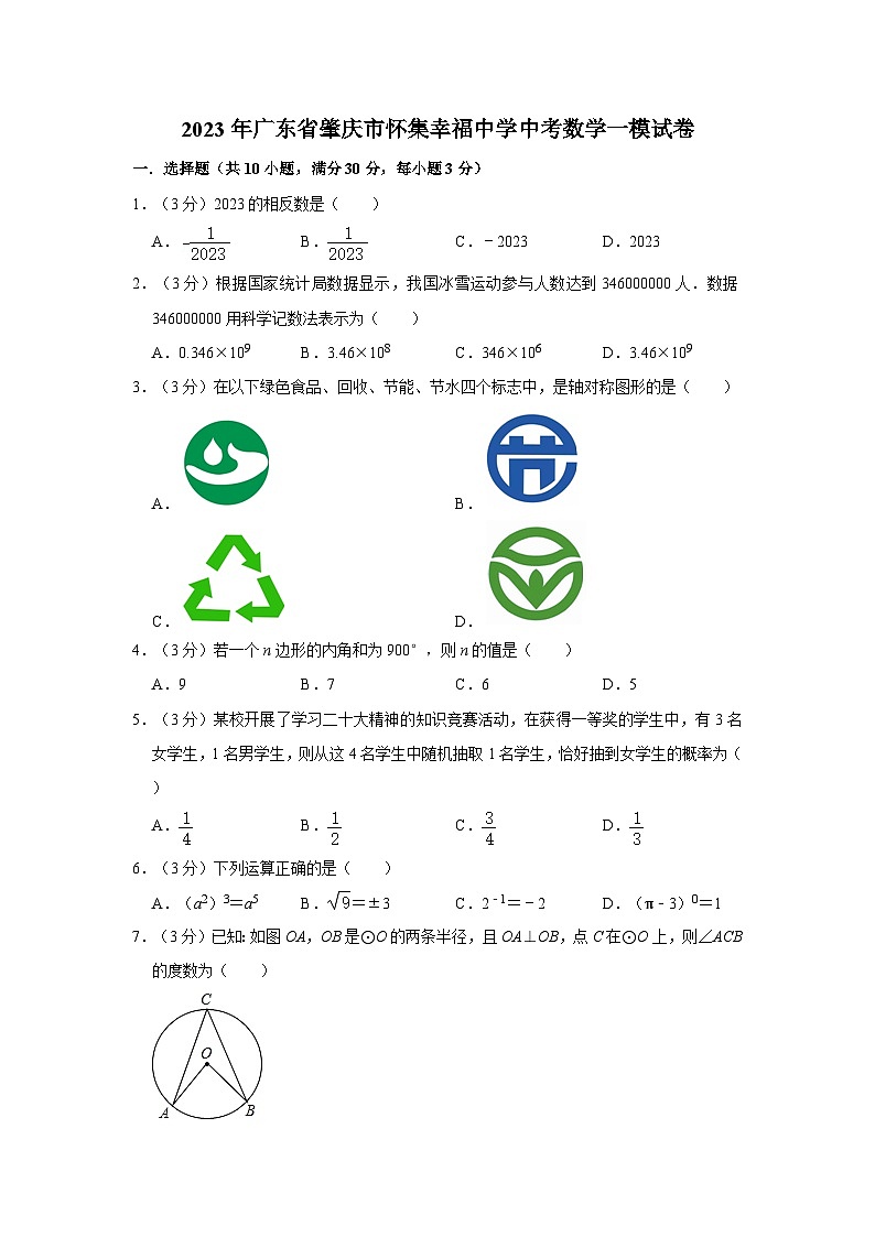 2023年广东省肇庆市怀集县幸福街道初级中学中考数学一模试卷第1页