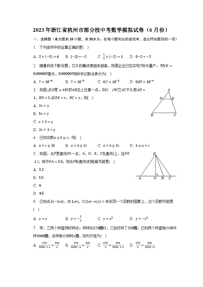 2023年浙江省杭州市部分校中考数学模拟试卷（6月份）（含解析）第1页