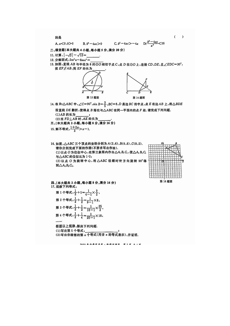 2023年安徽中考定准卷•数学试卷及参考答案02