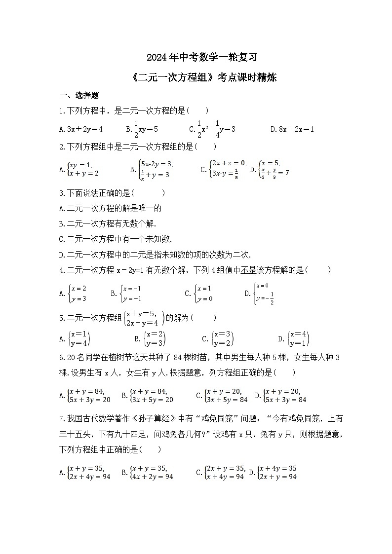 2024年中考数学一轮复习《二元一次方程组》考点课时精炼(含答案)第1页