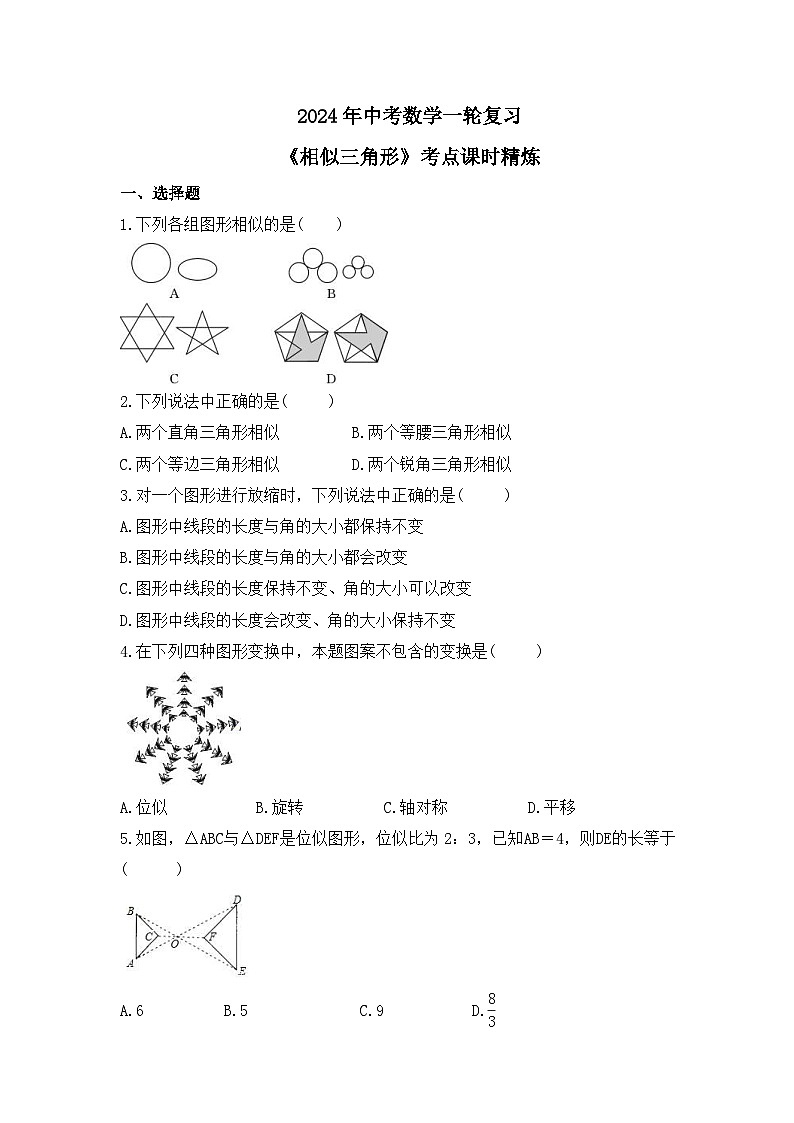 2024年中考数学一轮复习《相似三角形》考点课时精炼(含答案) 试卷01