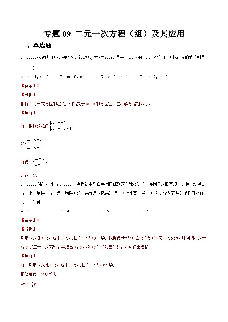 专题09 二元一次方程（组）及其应用（练透）-【讲通练透】中考数学一轮（全国通用）（教师版）第1页