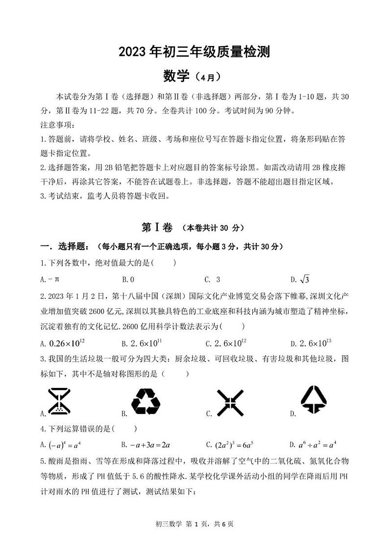 深圳市35校联考2023年4月初三质量检测数学试卷及答案第1页