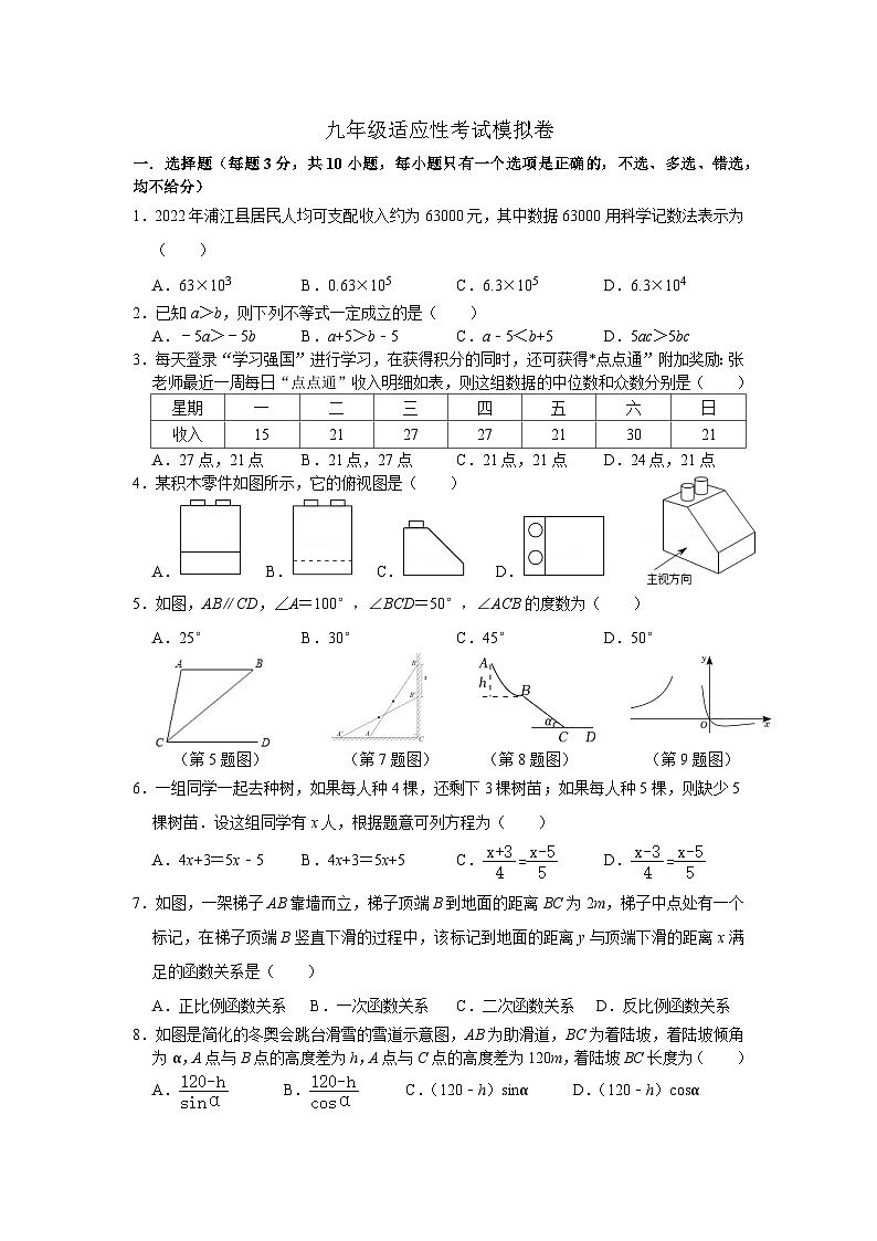 2023届浙江省杭州市中考数学适应性考试模拟卷第1页