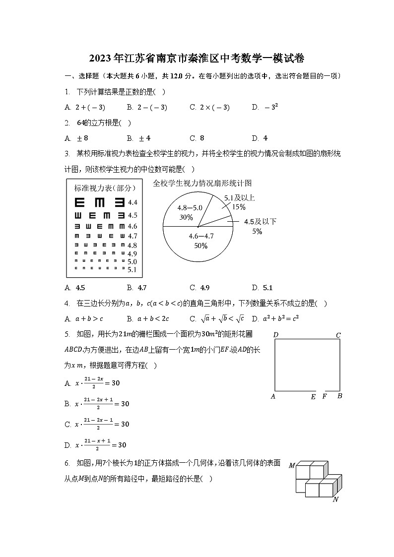 2023年江苏省南京市秦淮区中考数学一模试卷(含解析)01