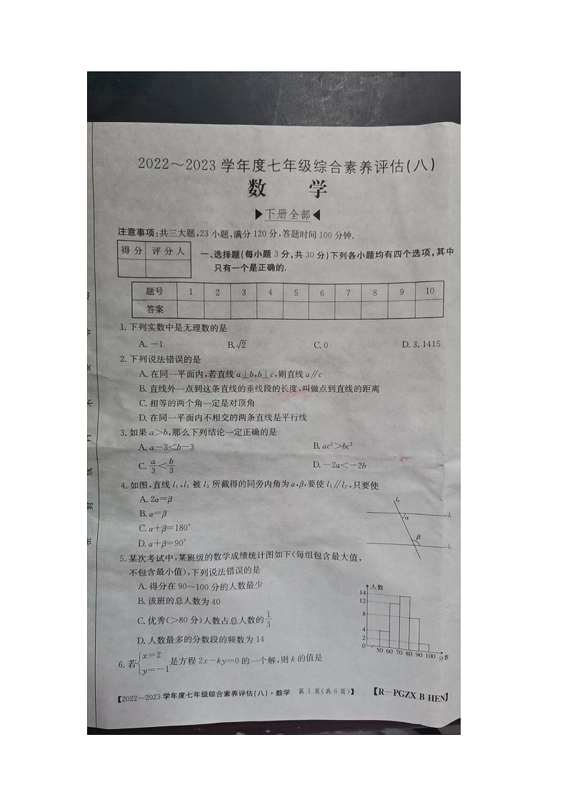 河南省商丘市民权县2022-2023学年七年级下学期6月期末数学试题01