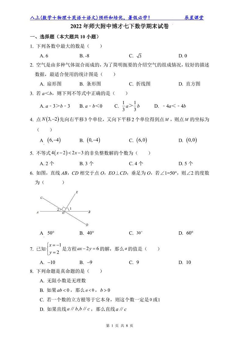 2022年师大附中博才七下数学期末试卷第1页