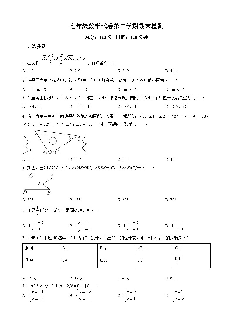 七年级下学期期末数学试题第1页