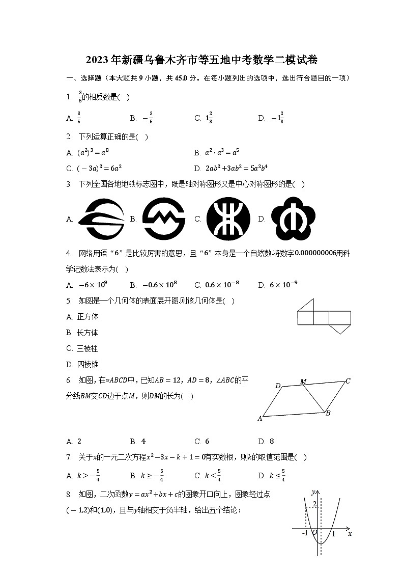 2023年新疆乌鲁木齐市等五地中考数学二模试卷（含解析）01