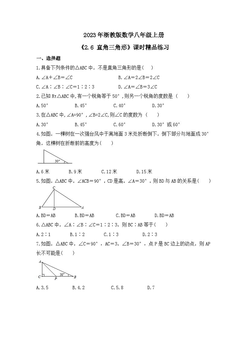 2023年浙教版数学八年级上册《2.6 直角三角形》课时精品练习（含答案）01