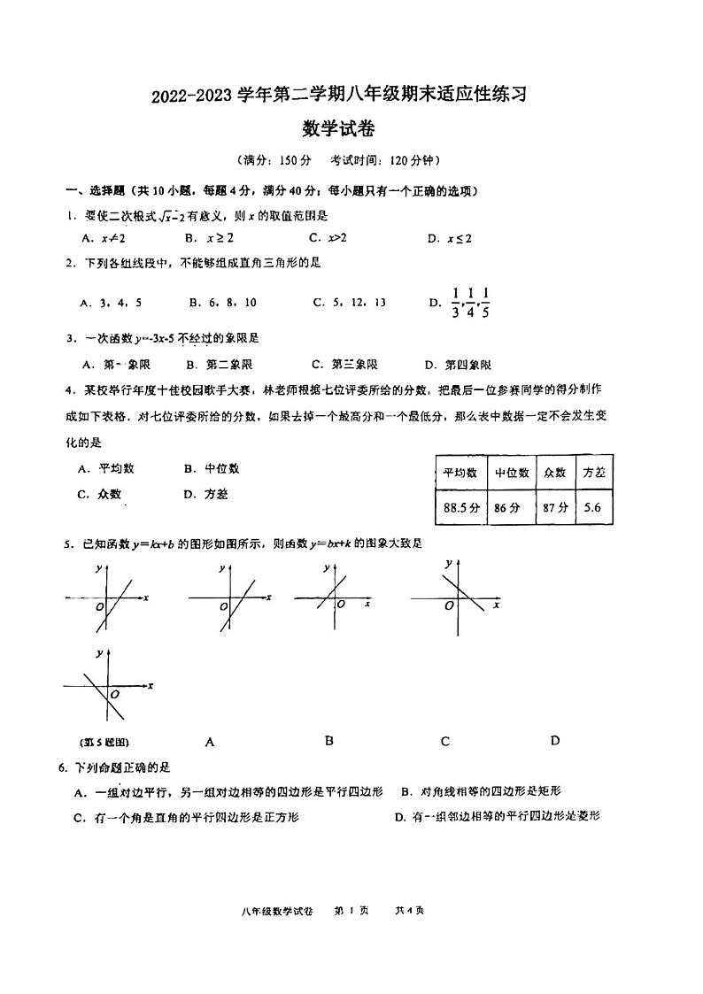 福建省福州市晋安区2022-2023学年八年级下学期期末考试数学试卷+第1页