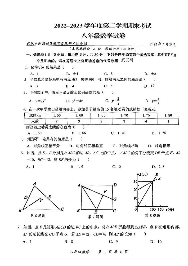 湖北省武汉市东湖新技术开发区2022-2023学年八年级下学期期末数学试卷01