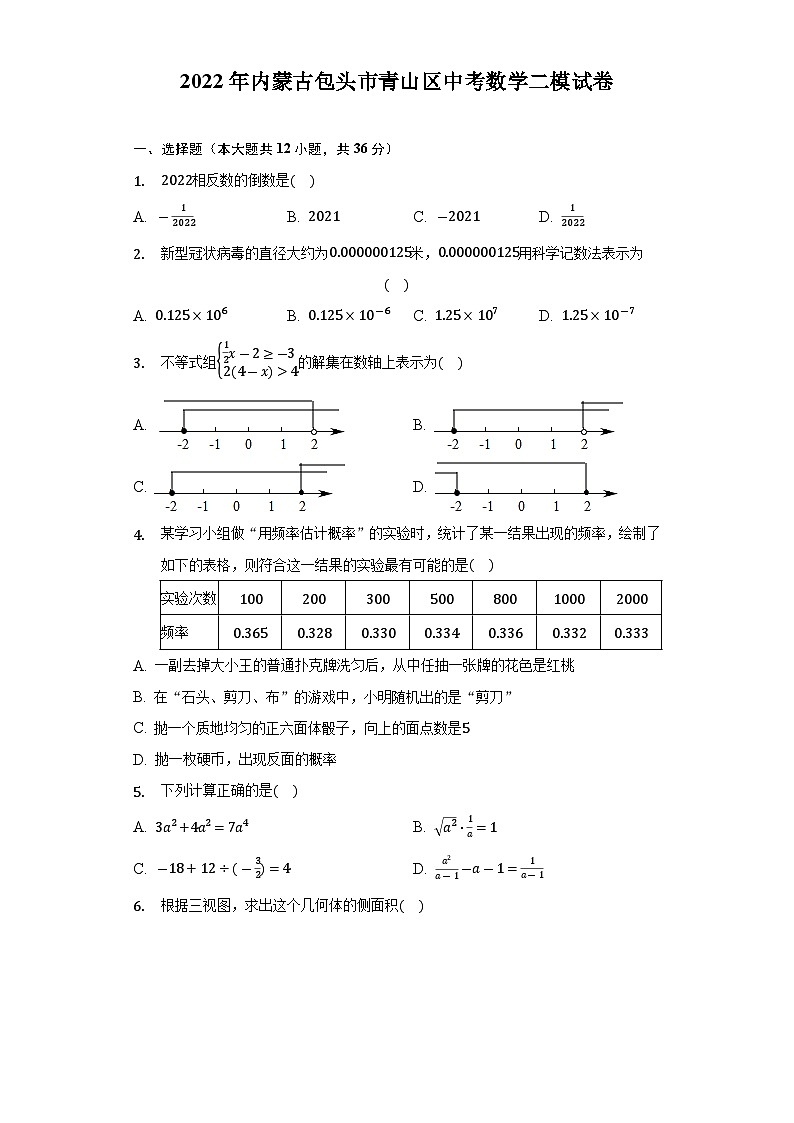 内蒙古包头市青山区2022届九年级中考二模数学试卷(含解析)第1页