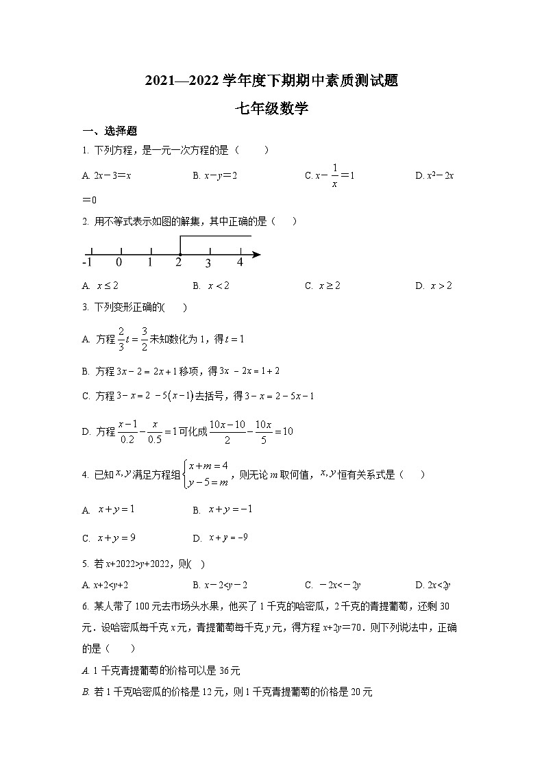 河南省驻马店市泌阳县2021-2022学年七年级下学期期中素质测试数学试卷(含解析)第1页