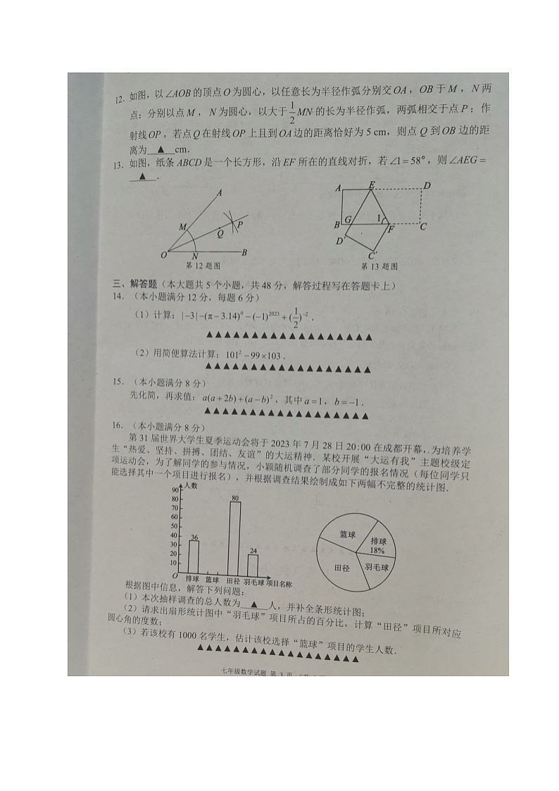 四川省成都市邛崃、大邑、崇州、蒲江县2022-2023学年七年级下学期期末联考数学试题第3页