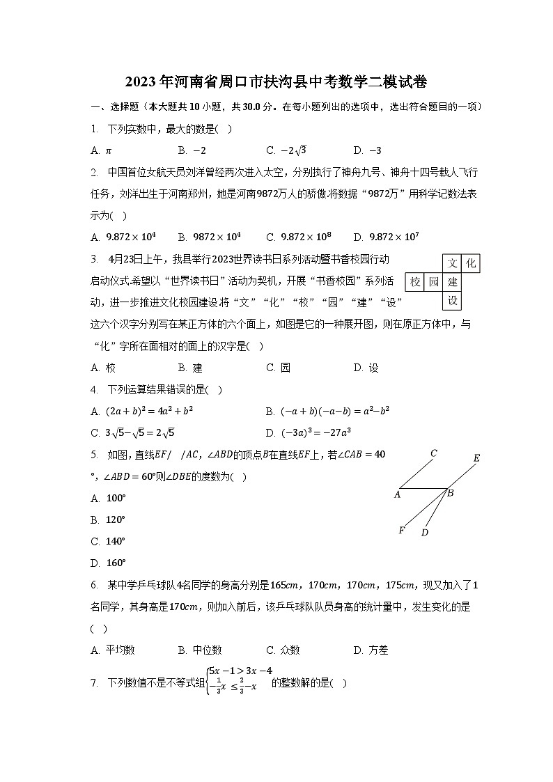 2023年河南省周口市扶沟县中考数学二模试卷（含解析）第1页