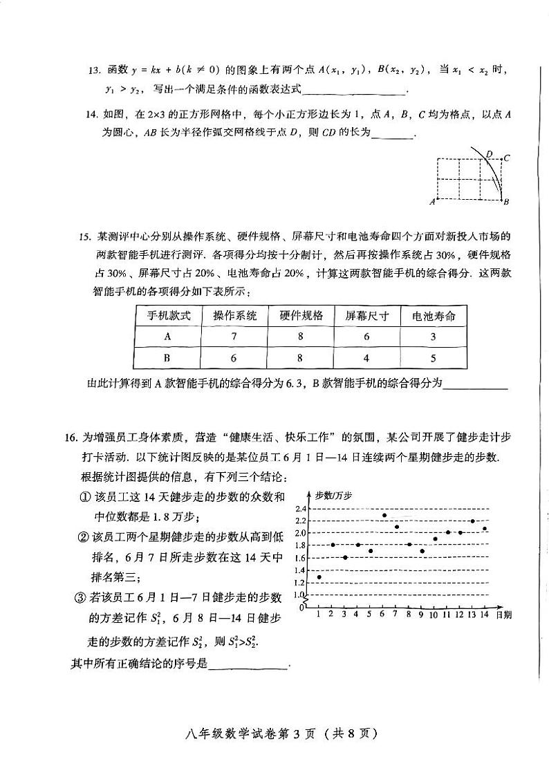 北京市密云区2022一2023学年 八年级下学期期末考试 数学试卷第3页